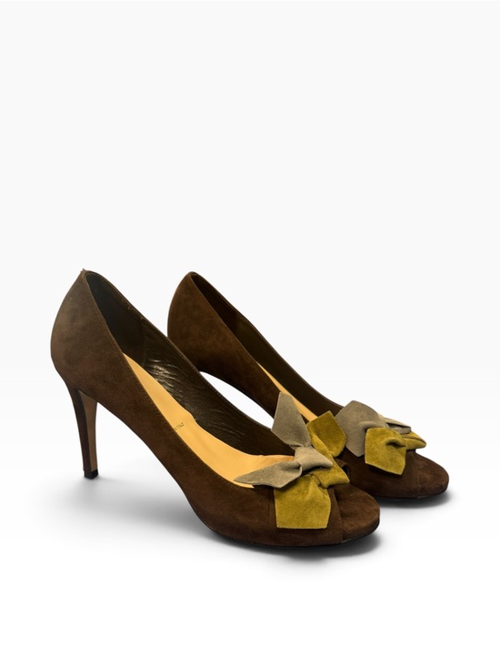 Butter Shoes - Suede Brown Peep-Toe Heels with Olive Bow